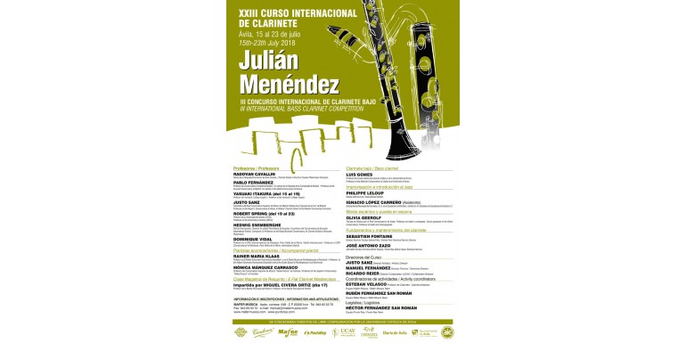 15-23 Julio-18. Ávila, XXIII Curso Internacional de clarinete Julián Menéndez